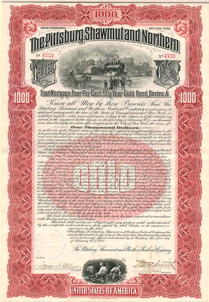 Pittsburg, Shawmut and Northern Railroad Co. - $1,000 Bond